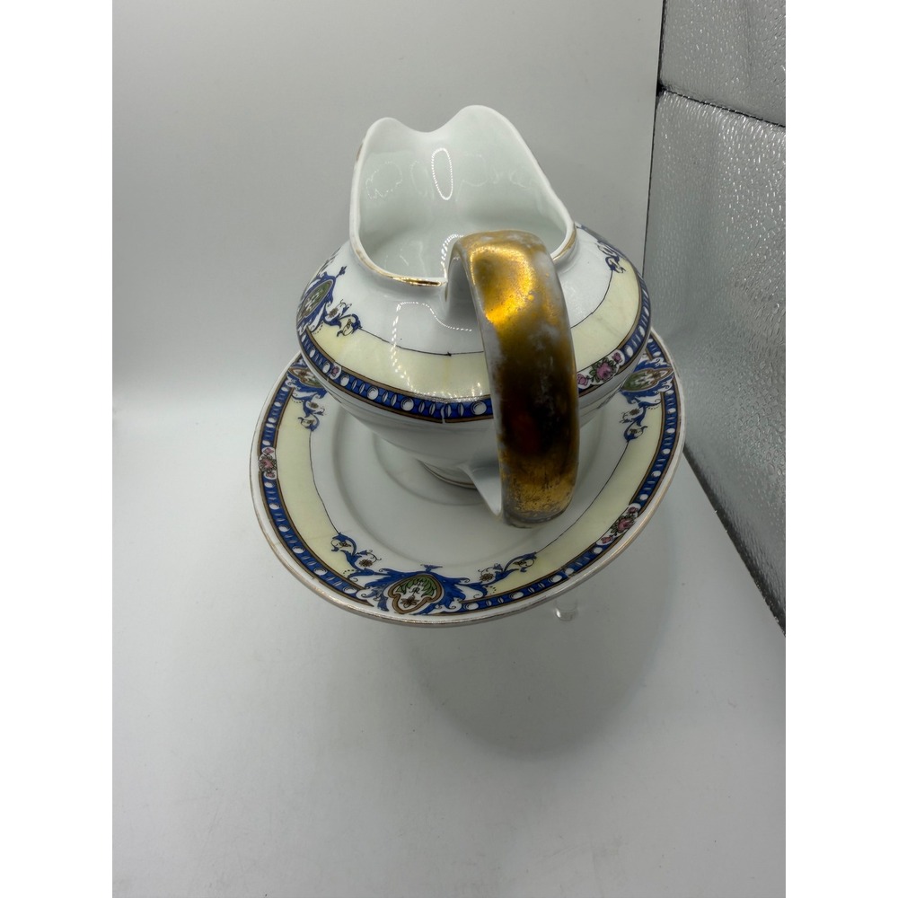 Victoria Czecho-Slovakia Gravy Boat Attached Underplate Gold Handle Blue Cream - Picture 2 of 6